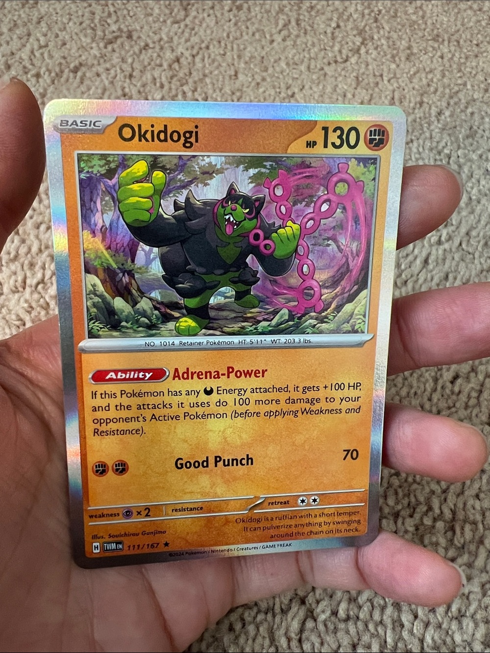 Pokemon Okidogi Trading Card - Green, Pink, Black